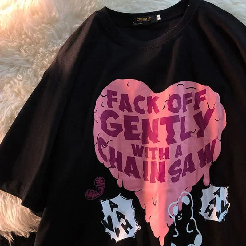 الأمريكية الحب إلكتروني طباعة تي شيرت الصيف النساء لطيف القلب قصيرة الأكمام الجرافيك Harajuku تي شيرت غير رسمي Harajuku تيز القمم