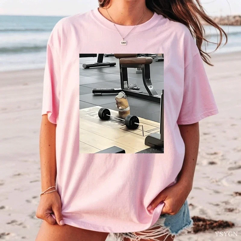 Fun Hamster Weightlifting Training Printed T-shirt for Women's Casual Y2k Short-sleeved T-shirt Unisex Casual Summer Streetwear