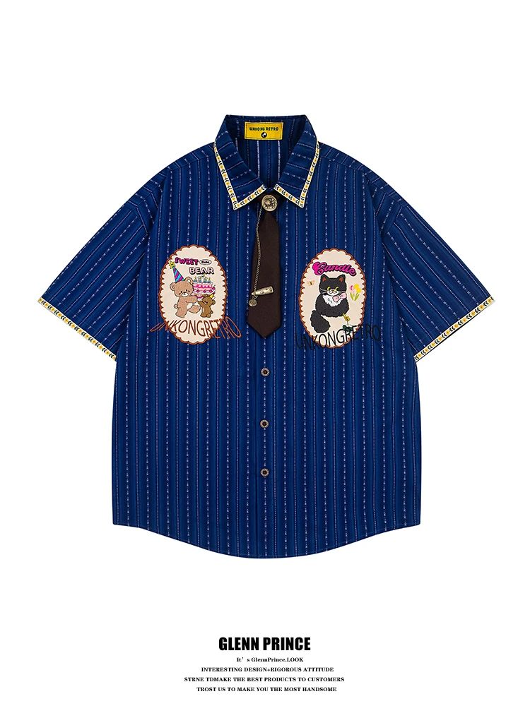 

GPstudio American College Cartoon Embroidered Striped Short Sleeve Tie Shirt Men's New 2026 Vintage Feeling Top