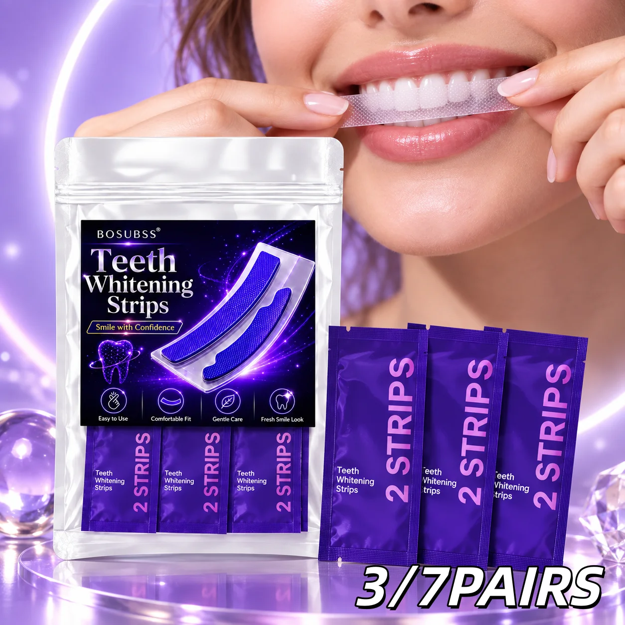3/7 Pairs Purple Smile Care Strips, Oral Beauty Teeth Stickers, Gentle Fit Easy Home Use Fresh Smile Routine