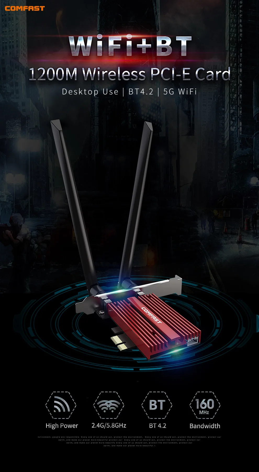 COMFAST 1200Mbps Dual Band Wireless Adapter PCI-E AC1200 2.4G/5GHz with Bluetooth 4.2 for Desktop Network Card Works with Window