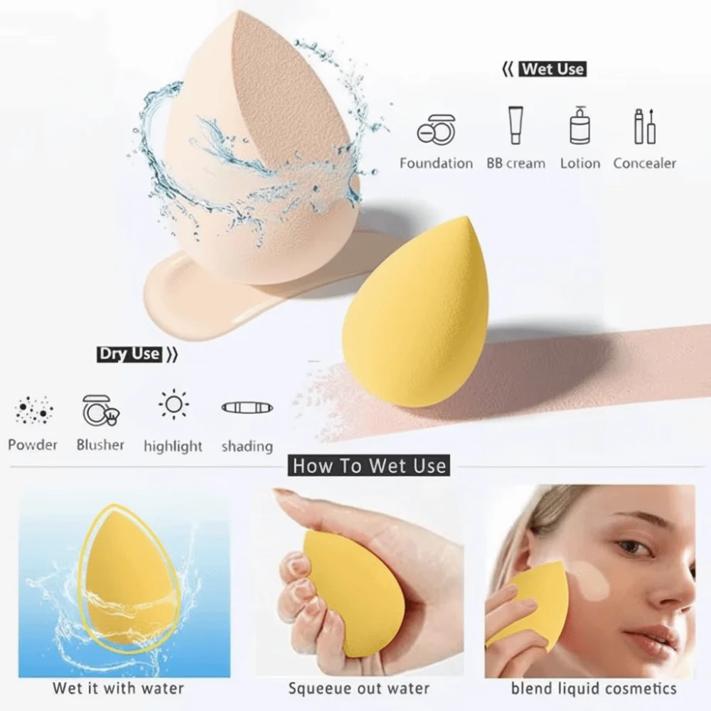 Juego de esponjas de maquillaje con estuche para huevos, espuma sin látex con soporte, esponjas de belleza, herramientas de maquillaje facial con forma de lágrima amarilla