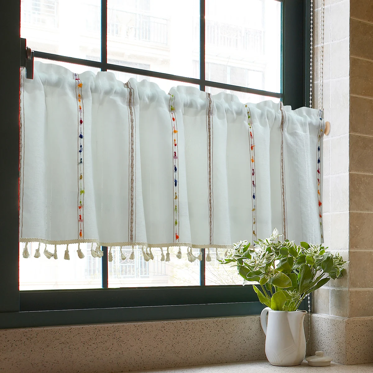1pc Colorful Stripe Tassel Short Curtain,Rod Pocket,Pom-Pom Small Curtain Perfect for Living Room,Door and Cabinet Decor