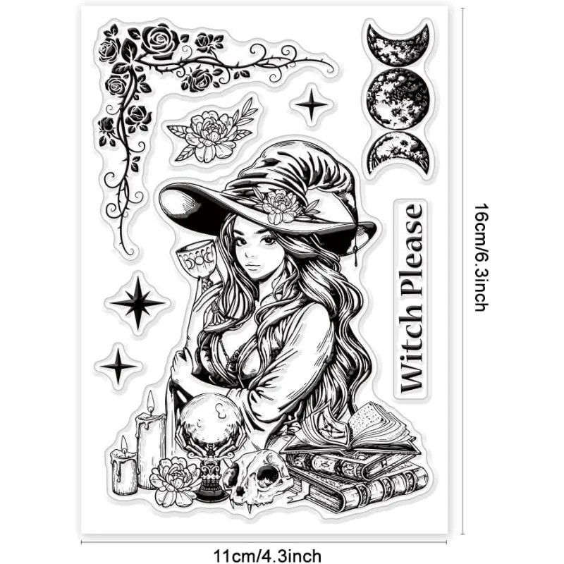 1Sheet Witch and Moon Phases Clear Stamps for Cards Making Magical Women Silicone Clear Stamp Seals Transparent Stamps for DIY