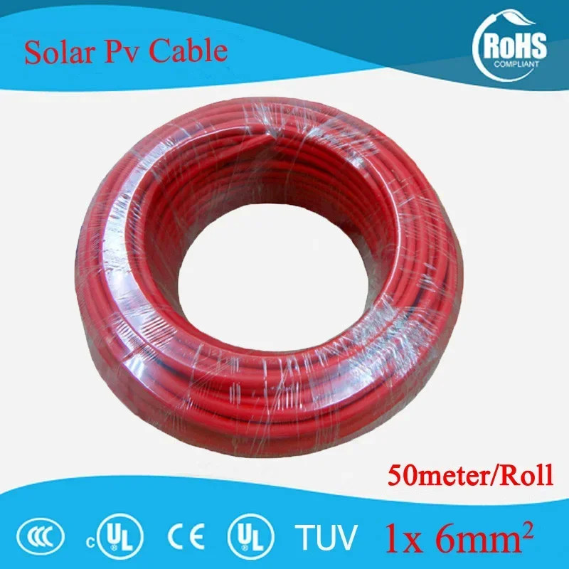 LEADER 50 Meters/Roll PV Cable 6mm2 (10AWG) Solar Cable Red or Black Pv Cable Wire Copper Conductor XLPE Jacket TUV Certifiction