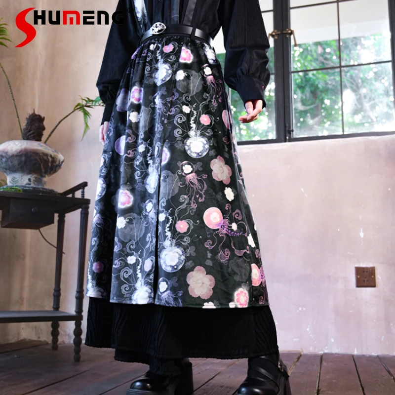 New Chinese Art Sense Printing Skirt Women's A-line Double Layer Skirt Fashion Long Black High Waisted Skirts Kawaii Clothes