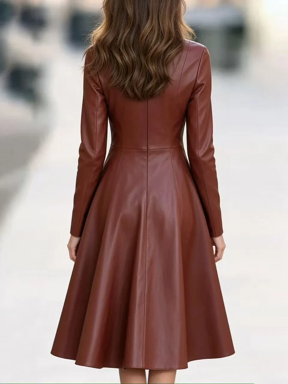 Women PU Leather Stand Collar Long Sleeve Midi Dress Retro Fitted Waist Flared Skirt Elegant Party Casual Outfit 6