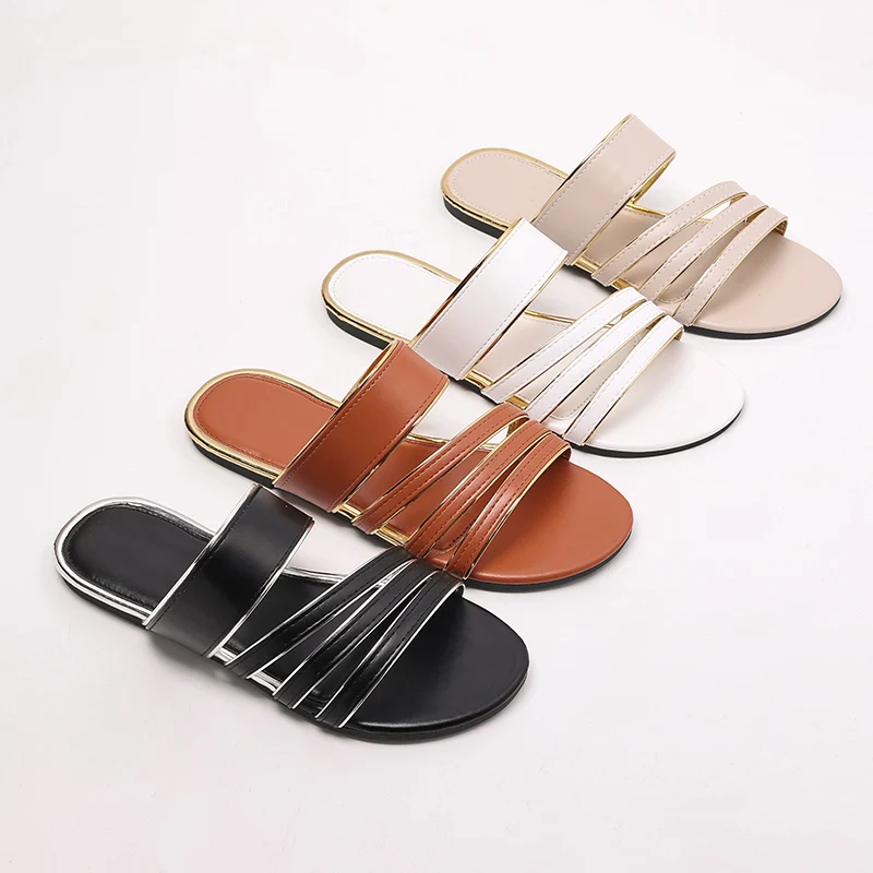 

Women Flat Heel Slippers Casual Beach Slippers Female Leather Strap Slip-On Gladiator Sandals Plus Size Shoes Beach Slides Women