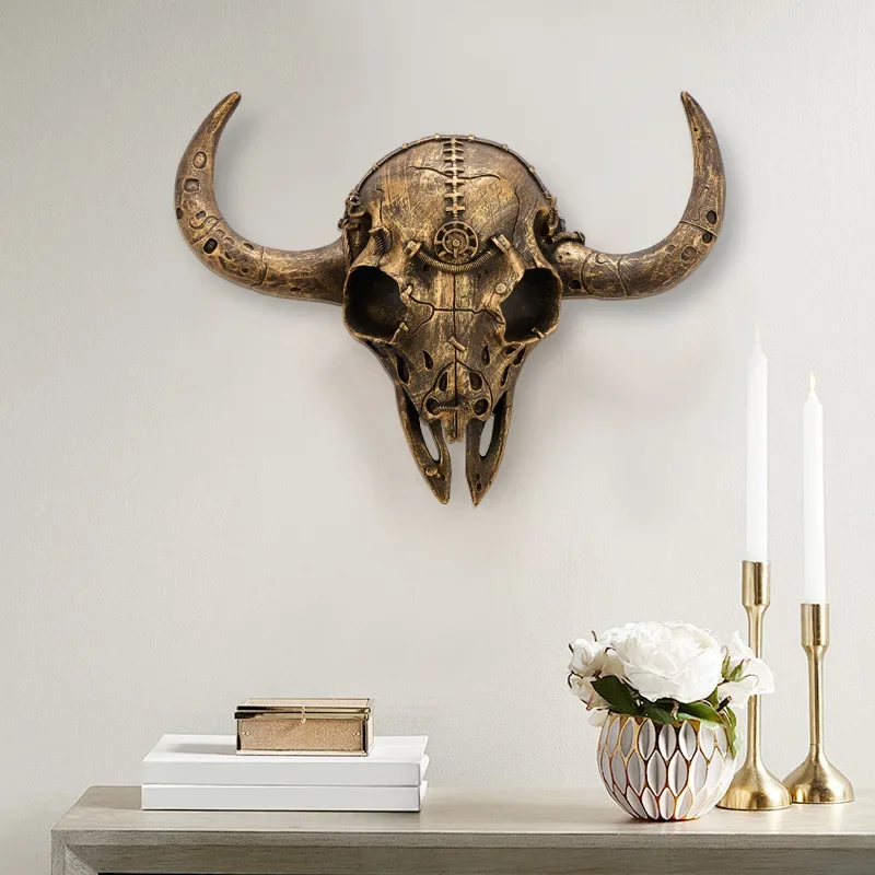 Industrial Skull Bull Head Wall Hanging, Antique Mechanical Art, Creative Wall Decoration, Handcrafted Distressed Craft