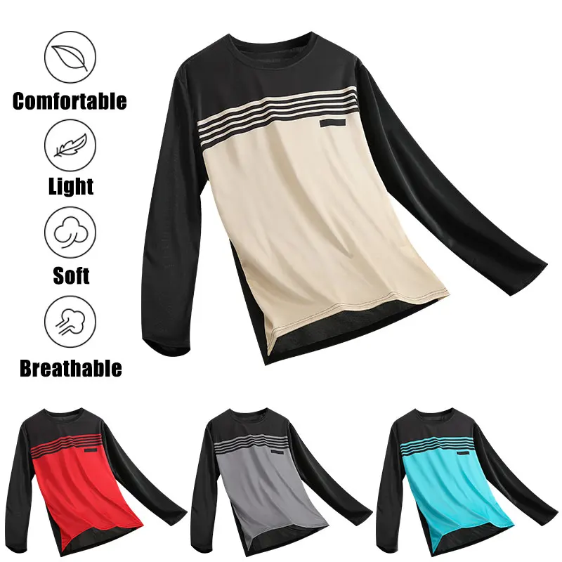 Men's Spring/Summer Running Jersey Color Block Loose Breathable Long Sleeve T-Shirt Men Gym Training Quick Dry Long Sleeves