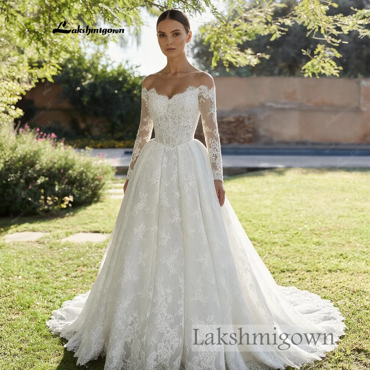 Lakshmigown Langarm-Spitzen-Brautkleid mit Herzausschnitt, Korsett, Ballkleid, Schnürung am Rücken, Vestido De Novia für den Garten – Detail 5