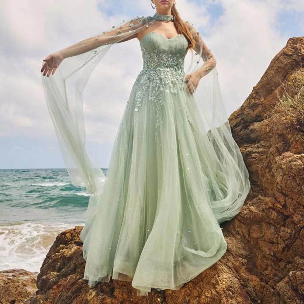 فستان سهرة مذهل مخصص على شكل زهرة مع لف على شكل قلب مزين بالدانتيل للمناسبات الرسمية فستان حفلات تول مطرز #1