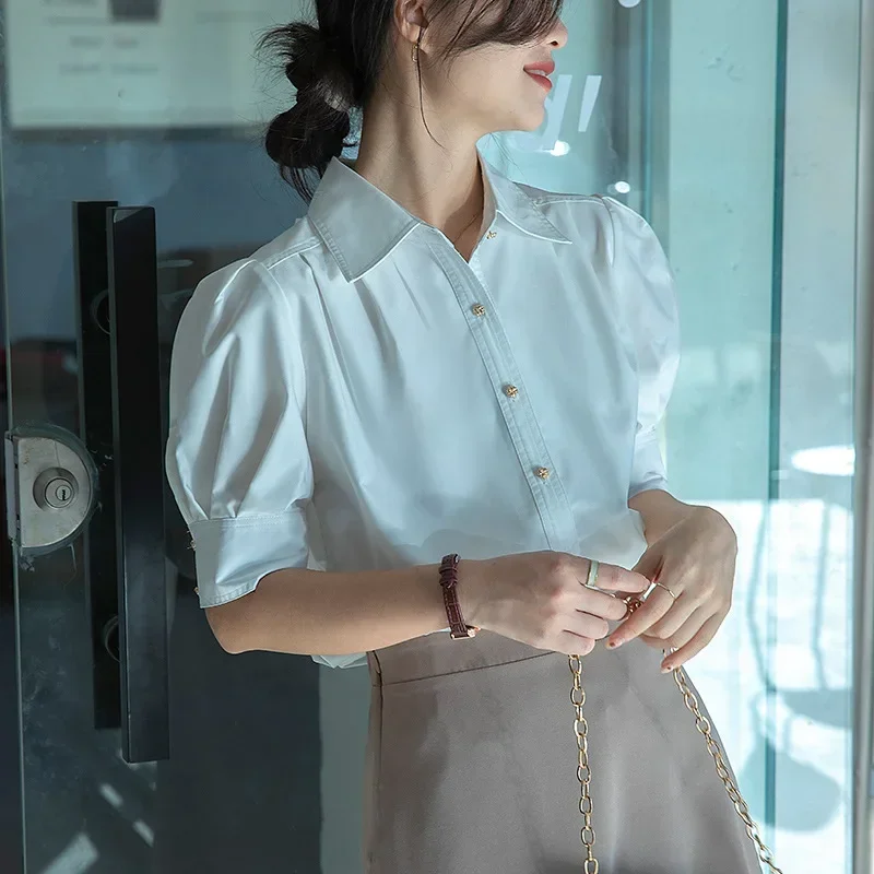 New summer fashion woman blouse 2025 Bubble sleeved short sleeved French commuting style shirts and blouses for women