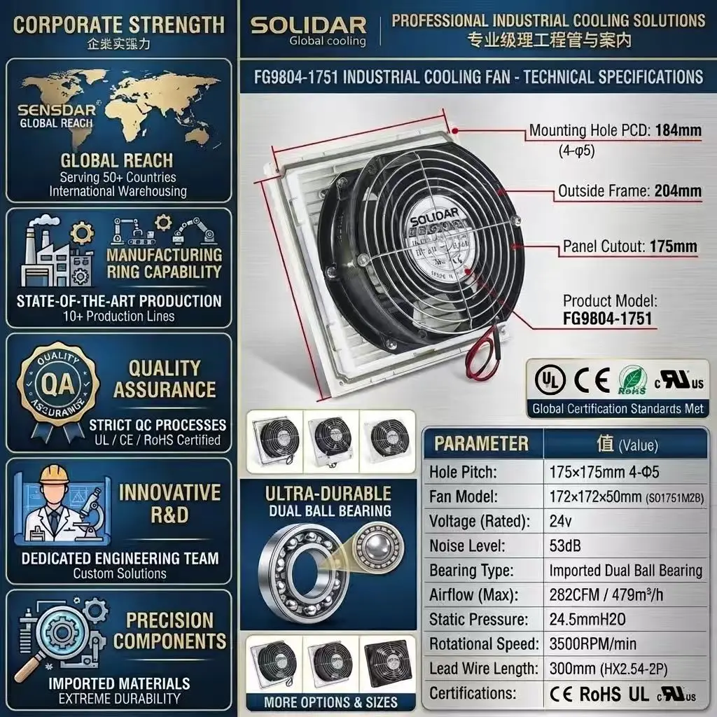 SD17251H2B Industrial Cooling Fan 172x172x50mm 24V Imported Dual Ball Bearing High Airflow Cabinet Enclosure Ventilation Fan