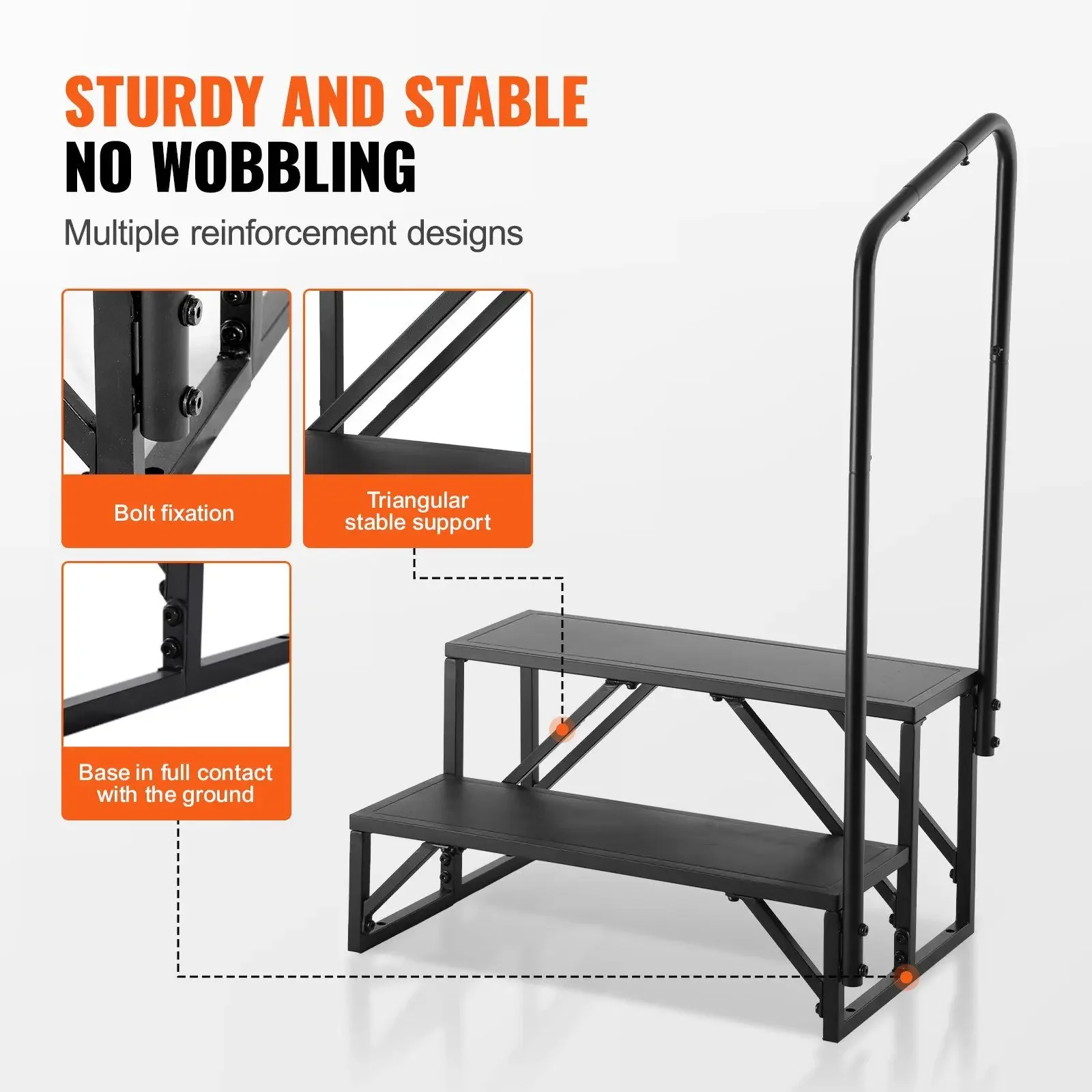 "2-Step RV Stairs – 440LB Capacity, Carbon Steel w/ Handrail for Campers/Trailers."