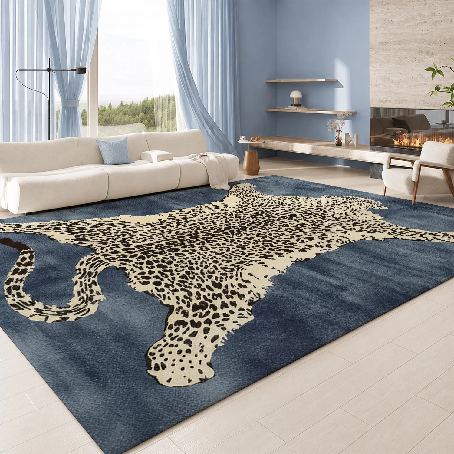 Large Indoor Area Rug, Soft Velvet Low Pile Non-slip Dotted Backing Machine Washable, Leopard Pelt Print in Blue, Great for Living Room, Bedroom, Entryway