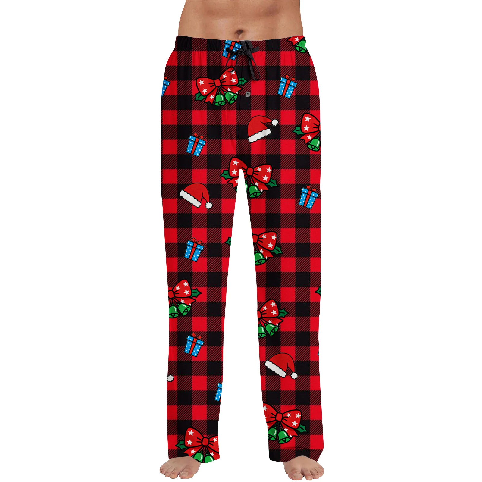 กางเกงนอนลายคริสต์มาสสำหรับผู้ชาย กางเกงลำลองทรงตรงแบบสบายๆ กางเกงขายาวลายสก็อตอุ่นๆ กางเกงนอนใส่พักผ่อน