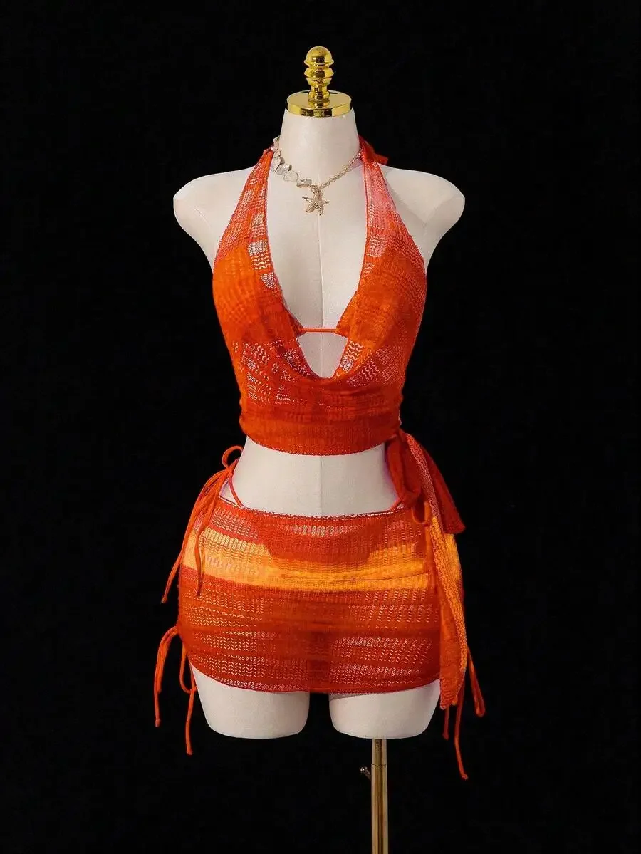 

Orange Sheer Knit Halter Bikini Set With Deep V-Neck Top, Side-Tie Shorts And Wrap Mini Skirt For Summer Beachwear