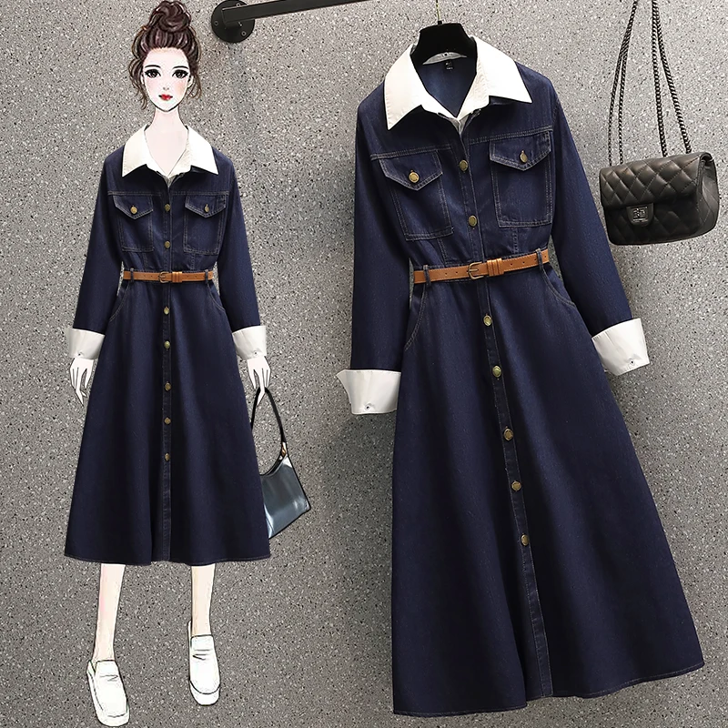 Plus Size S-4XL Women 2022 White Patchwork Denim Dress Long Sleeve Button Up Pocket Shirt Dress Spring High Street Cool Clothes