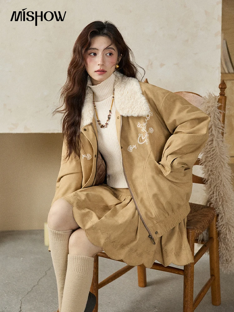 

MISHOW женская куртка с цветочной вышивкой, зима 2021, желтое плюшевое пальто во французском стиле с лацканами на молнии, свободная теплая куртка MXE87W0932