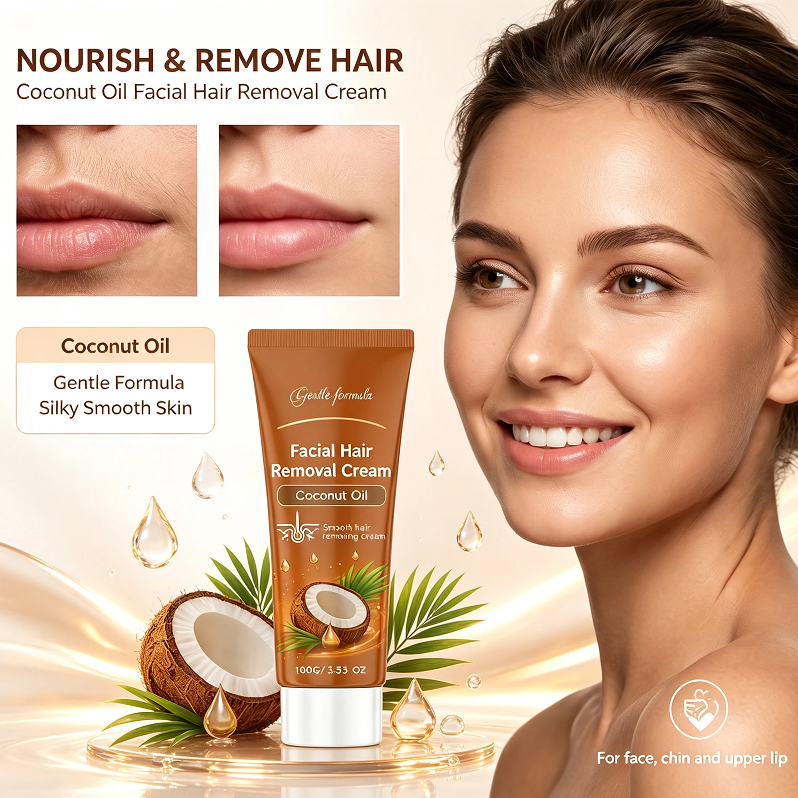 Facial Hair Removal Cream for Sensitive Skin Care Upper Lip Hair Removal Coconut Oil Moisturizing Facial Depilatory Cream 100g