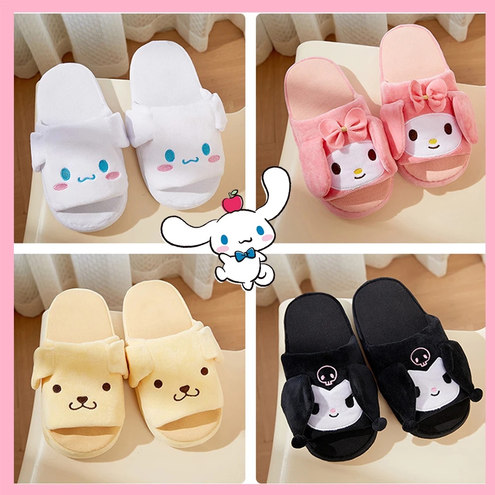 Anime New Sanrios Plush Slippers Ears Move Cinnamoroll Kuromi My Melody Kawaii Spring Autumn Winter Cartoon Home Slippers Funny