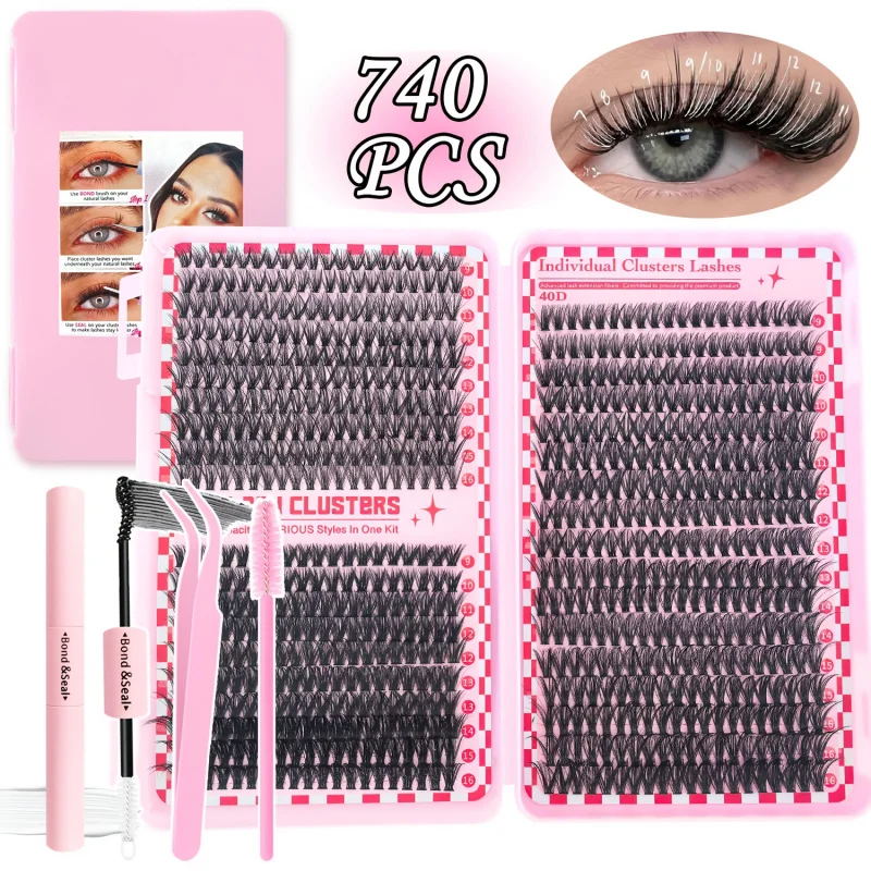 DIYまつげエクステキット、Dカール9-16mmミックス、接着剤、ピンセット、まつげブラシ付き、毎日使える個別つけまつげ