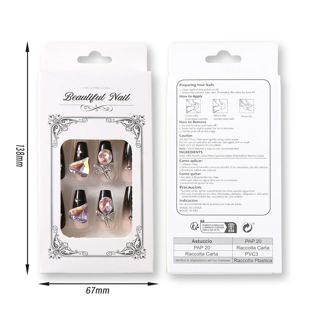 24pcs/box black press on nail tips 3D Heart Bow Rhinestone Y2k Long Ballet Fake Nails Full Cover Wearable Glossy DIY False Nails