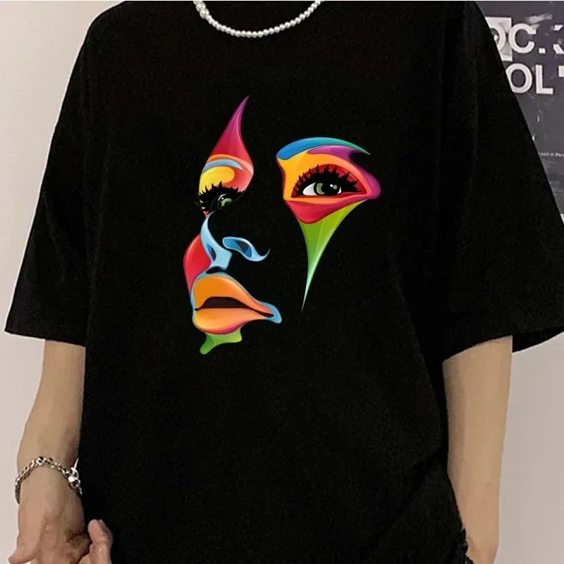 سيدة وجه شخصية تصميم طباعة تي شيرت أنثى الشارع مريح تي شيرت لينة بلايز عادية تنفس قصيرة الأكمام