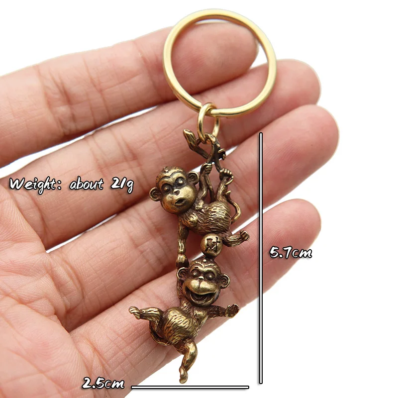 Antique Copper Monkey Figurines Keychain Pendant Lucky Cat Key Ring Hangings Jewelry Vintage Brass Cute Animal Funny Child Gifts
