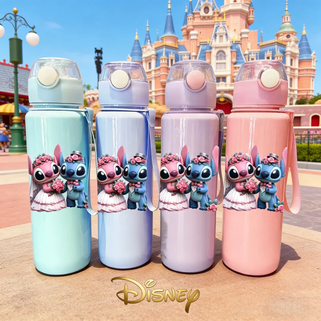 

Бутылка для воды с 3D-печатью Дисней: Стич и Энджел в свадебных платьях, прочная, с милыми мультяшными принтами, идеально подходит для помолвки