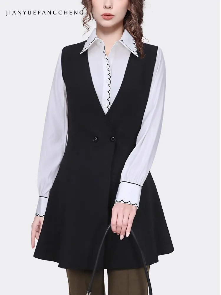 2024 Fall Winter Women' Outwear Knitted Black Vest Coat mid length waist cinched dress, versatile vest for wearing outside