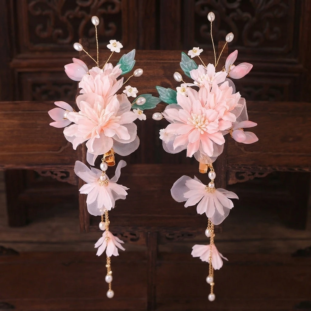 

1pairs Pink Flower Hair Clips Chinese Style Wedding Hair Accessories Pearl Tassel Hairpin Fairy Bridal Cheongsam Decor Barrettes