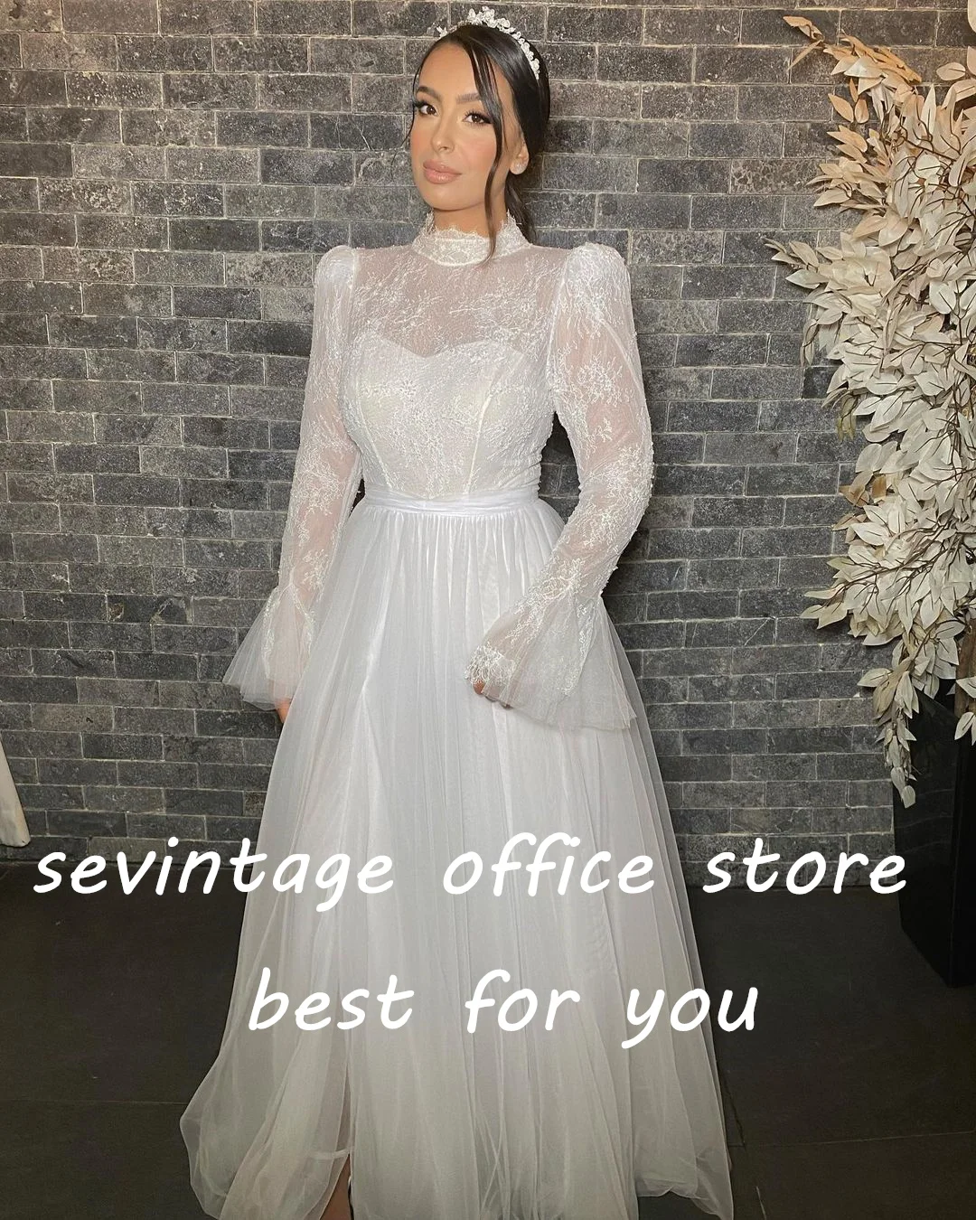 Sevintage Boho الدانتيل زينة فساتين الزفاف طويلة الأكمام عالية الرقبة ألف خط شاطئ ثوب زفاف الأميرة فستان زفاف 2022