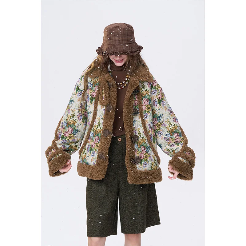 ELFSACK Y2K Casual Loose Floral Graphic Raw Edge Lapel Coat For Women