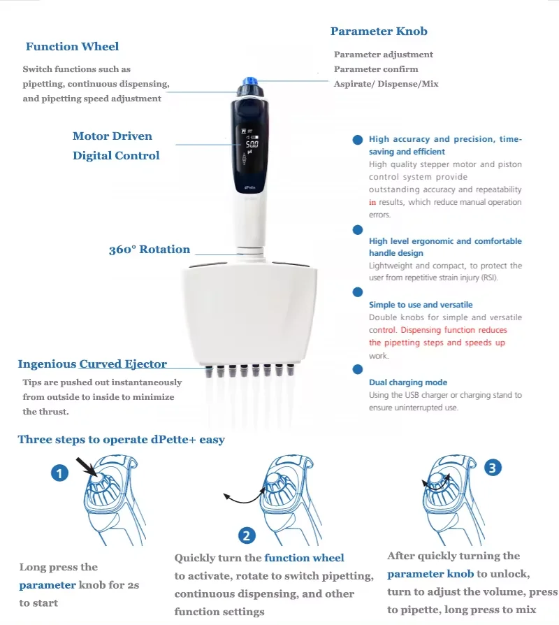 IKEME dPette+ New Electric Pipette 0.5-1000ul Dropper Adjustable 8 channel Electronic pipette Digital Laboratory Micropipette