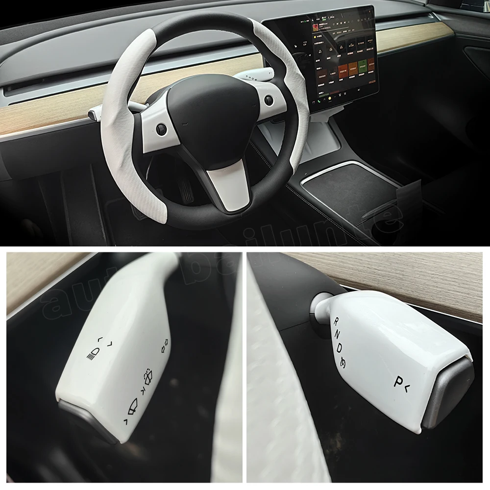 for Tesla Model 3 Model Y White Steering Wheel Column Cover Car Shift Paddle Decorative Cover Gear Lever Interior Protection