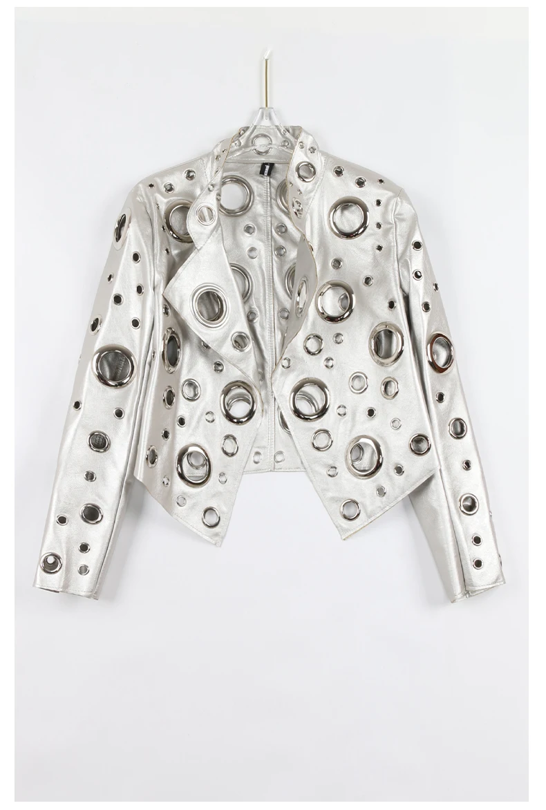 Nerazzurri Spring Autumn Short Hollow Out Pu Leather Jacket Women Rivet Cool Stylish Luxury Designer Clothes Runway Fashion 2024