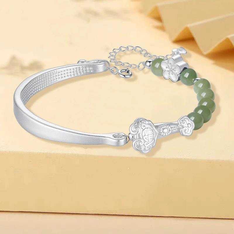 

Chinese Style Green Beaded Bracelet Women's Versatile Silver Hetian Jade Bracelet DIY Beautiful Hand String Popular Jewelry