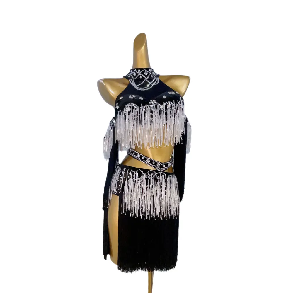 ラテンダンスダイヤモンド女性のハイエンドカスタマイズされたクリスタルビーズチューブタッセルスプリットスカートサンバダンスドレスパフォーマンスドレス