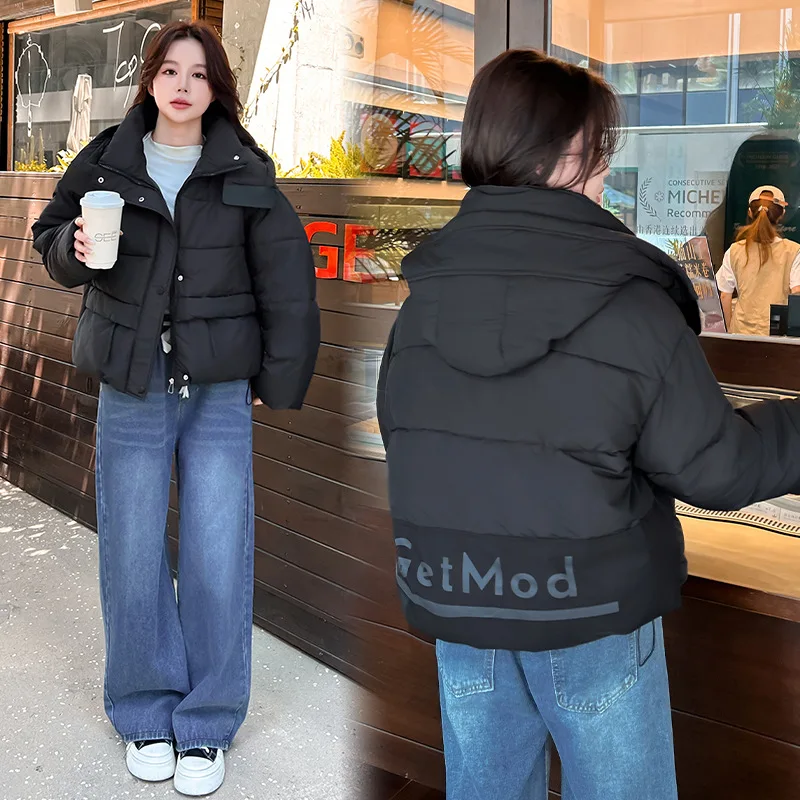 Hooded Women Parkas Jackets Oversize Short Coats Solid Turn Down Collar Zipper Loose Fit Thick Office Lady  Casual 2025 Winter