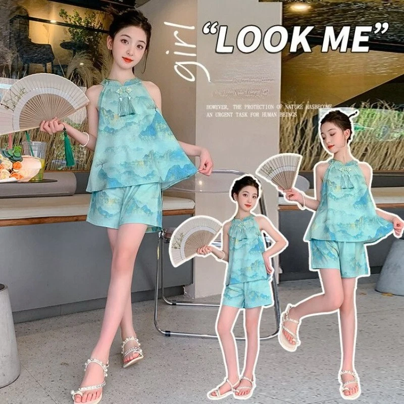 

Chinese Style Sweet Girls Clothes Summer Sleeveless Bow Decoration Pleated Vest+Shorts 2Pcst Color Casual Children's Set 4-12T