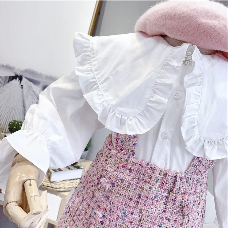 Spring Autumn Korean Children Girl 2PCS Clothes Set Solid Lapel Long Sleeve Shirt Strappy Skirts Baby Girl Outfit Kid Girl Suits