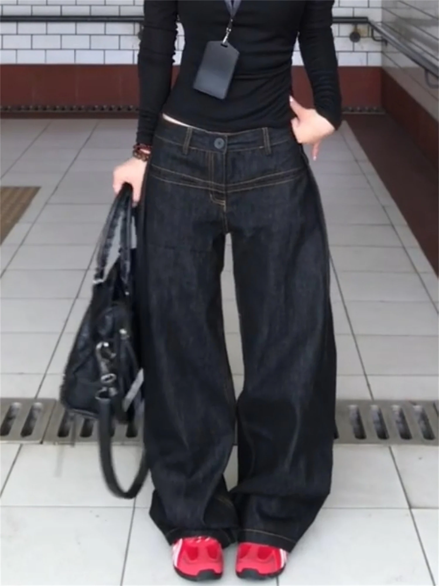 

Women's Y2K Baggy Jeans Dark Denim High Waist Wide Leg Trousers with Contrast Stitching Streetwear Casual Fashion Pants