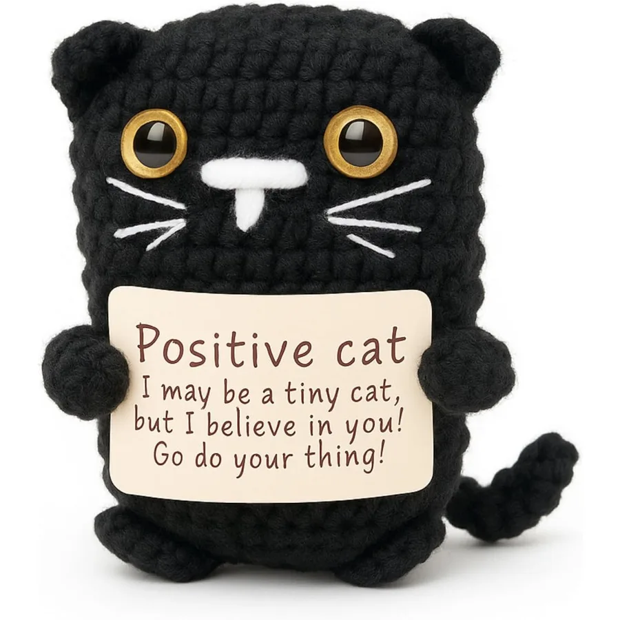 Positive Crochet Cat Mini Animal Emotional Cheer Up Support Gifts Funny Crochet Black Mini Handmade Cat for Women Men Friends M