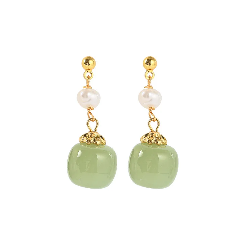 100% Natural Freshwater Pearl & Nephrite Jade Stone 14K Gold Filled Ladies Tassels Stud Earrings Not Allergic Birthday Gifts