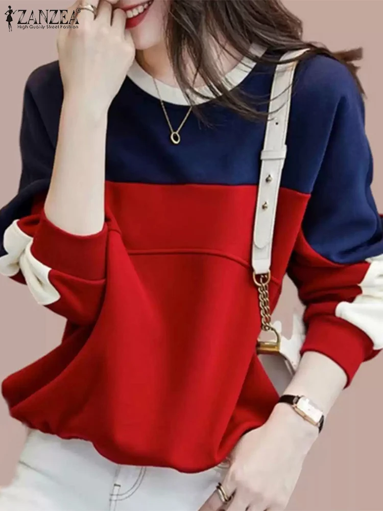 ZANZEA jesień 2024 damskie bluzy Patchwork z długim rękawem Color Block Casual luźne swetry Streetwear koreańska modna bluza