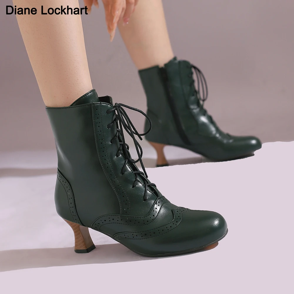 

2024 Fashion Brogue Carved Brown Green White Lace Up High Heel Combat Biker Ankle Boots Women Booties Woman Shoes Big Size 42