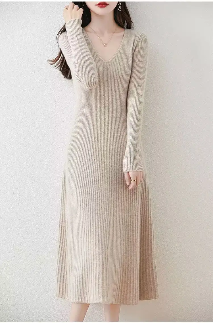 Vestido de punto con cuello en V para mujer, longitud media hasta la pantorrilla, estilo tubo ajustado, ropa de oficina elegante, diseño de jersey de manga larga para Otoño e Invierno