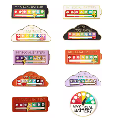 10PCS My Social Battery Pins for Women Men Slideable Mood Conversion Expression Brooch Funny Creative Gifts